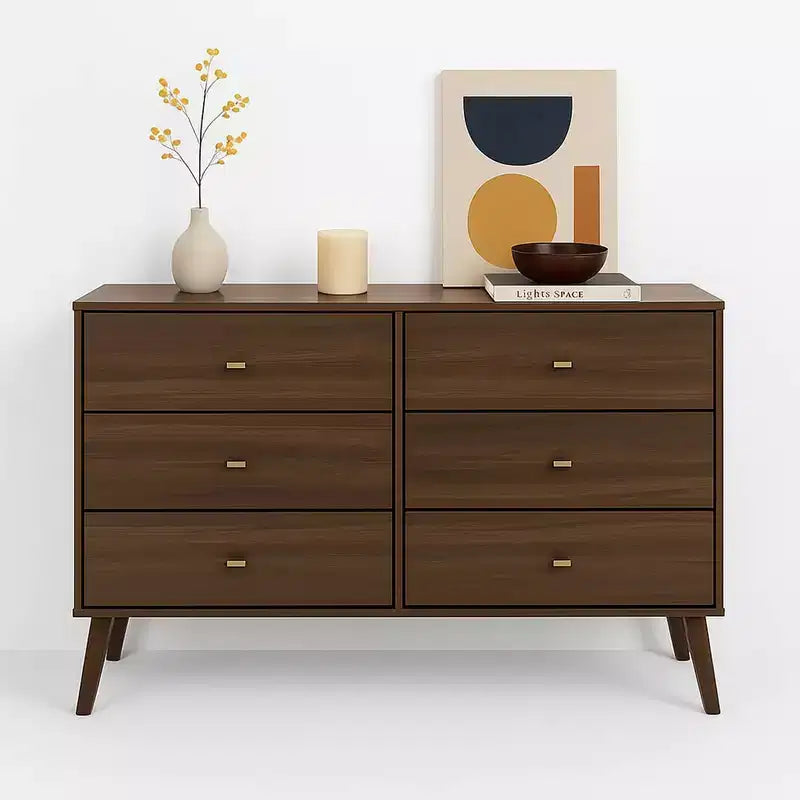 Comò con 6 cassetti in stile moderno di metà secolo, nero / grigio sbiancato / bianco / ciliegio, assemblaggio da 1 persona