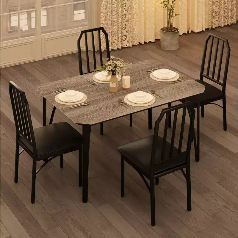 Set da pranzo rettangolare 5 pezzi con tavolo in legno marrone e metallo nero, 4 posti