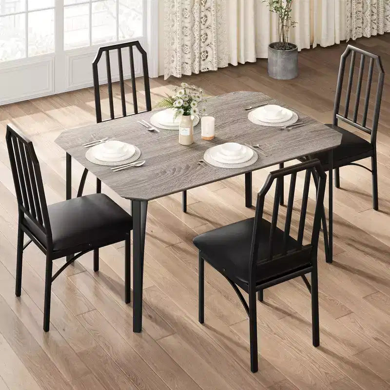 Set da pranzo rettangolare 5 pezzi con tavolo in legno marrone e metallo nero, 4 posti
