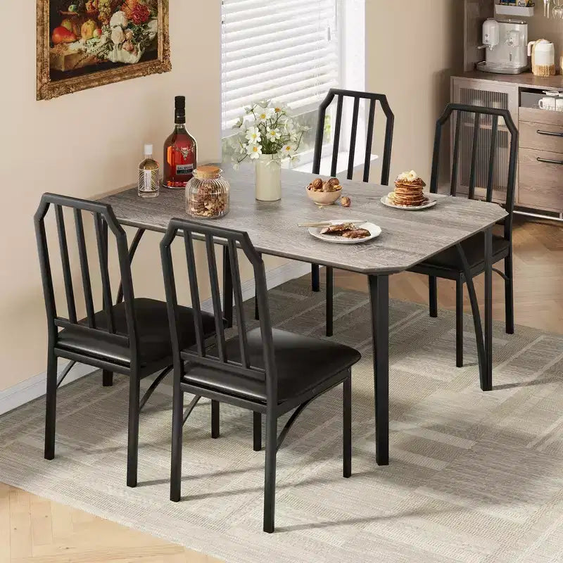Set da pranzo rettangolare 5 pezzi con tavolo in legno marrone e metallo nero, 4 posti