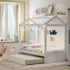 Struttura per letto a due piazze in legno bianco in stile casetta con letto estraibile, per 2 persone